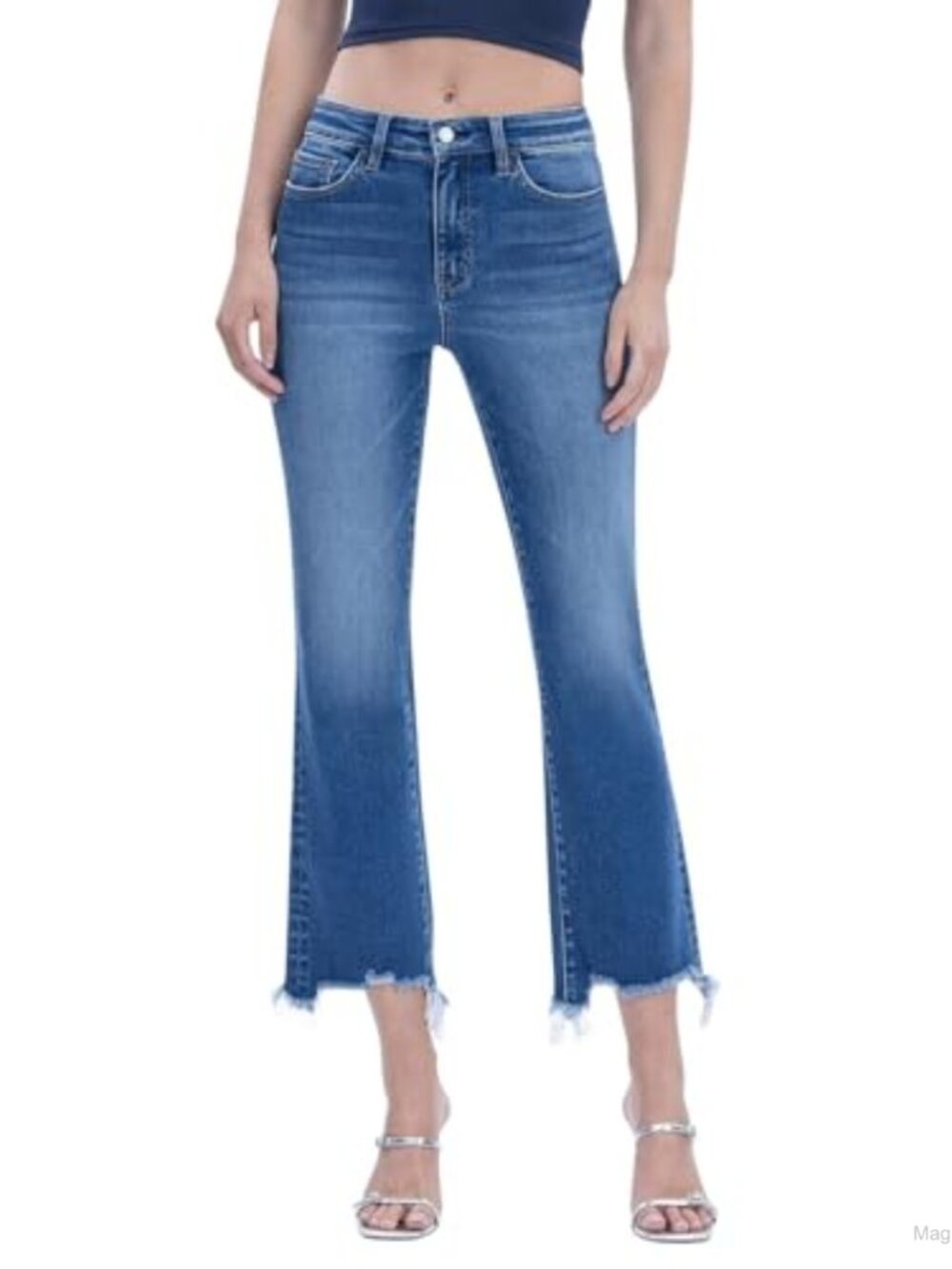 High Rise Kick Flare Frayed Hem Cropped Jeans Comfort Stretch Denim